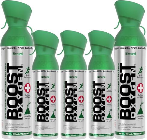 Boost Oxygen 10 Liter Canned Oxygen (2 Pack) and 5 Liter Canned Oxygen (3 Pack) with Built-in Mouthpiece for High Altitudes and Recovery, Flavorless in Kuwait