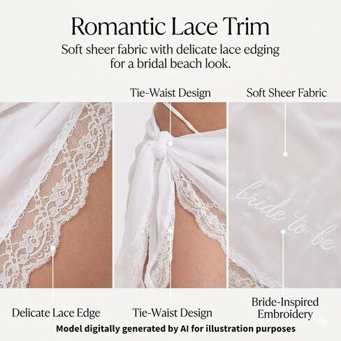 Bride to Be Embroidered Sarong, White Lace Bachelorette Party Cover Up, Sheer Bridal Beach Skirt for Bride, Tie Waist Swimsuit Wrap for Honeymoon, Wedding Pool Party, Bridal Shower Gift in Saudi Arabia