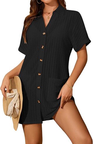 Bsubseach Swimsuit Coverup for Women Short Sleeve Button Down Textured Shirt Dress Swim Beach Cover Up with Pockets in Kuwait