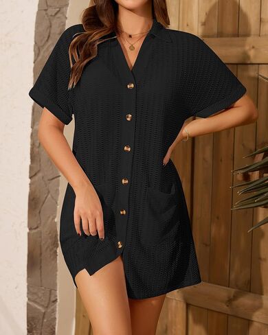 Bsubseach Swimsuit Coverup for Women Short Sleeve Button Down Textured Shirt Dress Swim Beach Cover Up with Pockets in Kuwait