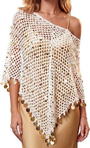 Cuffbow Women Sheer Poncho Top See Through Knit Crochet Shrug Shawl Y2k Mesh Sequin Tassel Summer Beach Cover up in Kuwait