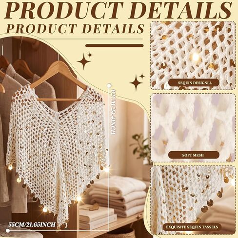 Cuffbow Women Sheer Poncho Top See Through Knit Crochet Shrug Shawl Y2k Mesh Sequin Tassel Summer Beach Cover up in Kuwait