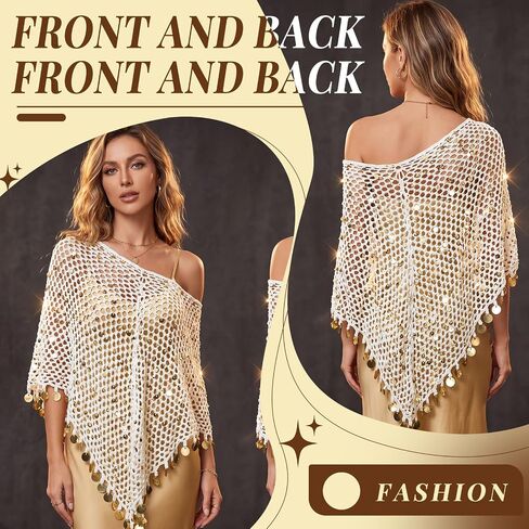 Cuffbow Women Sheer Poncho Top See Through Knit Crochet Shrug Shawl Y2k Mesh Sequin Tassel Summer Beach Cover up in Kuwait