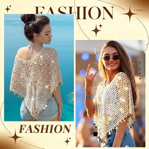 Cuffbow Women Sheer Poncho Top See Through Knit Crochet Shrug Shawl Y2k Mesh Sequin Tassel Summer Beach Cover up in Kuwait