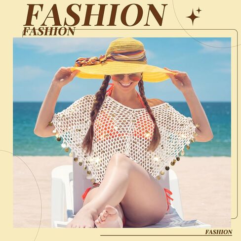 Cuffbow Women Sheer Poncho Top See Through Knit Crochet Shrug Shawl Y2k Mesh Sequin Tassel Summer Beach Cover up in Kuwait