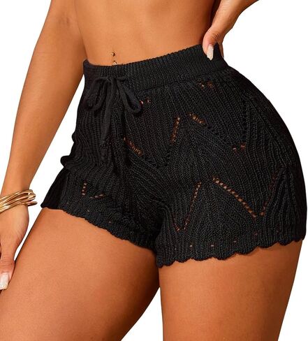 TZLDN Women's Crochet Cover Up Shorts Beach Hollow Out See Through Sexy Swim Bikini Bathing Suit Knit Coverups Pants Swimwear in Saudi Arabia