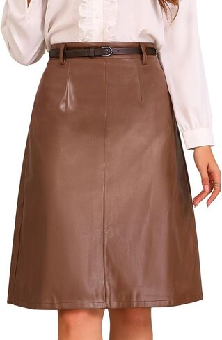 Allegra K Faux Leather Belted Skirts for Women's A-Line High Waist PU Midi Skirt 2024 Fall Outfits in Saudi Arabia