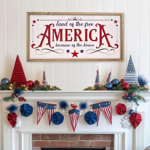 pechpell 23.6"x11.8" 4th of July Patriotic Wall Decor, Wooden Land of The Free Because of The Brave Sign, America 250 Anniversary Independence Day Memorial Day Indoor Living Room Office Home Decorations in Saudi Arabia