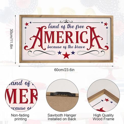 pechpell 23.6"x11.8" 4th of July Patriotic Wall Decor, Wooden Land of The Free Because of The Brave Sign, America 250 Anniversary Independence Day Memorial Day Indoor Living Room Office Home Decorations in Saudi Arabia