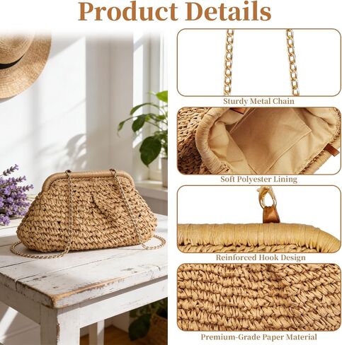 Elegant Khaki Summer Clutch Purses for Women Woven Clutch Dumpling Shape Summer Handbags Beach Purse for Vacation in Saudi Arabia