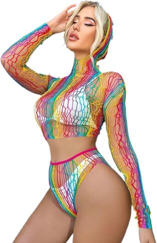 Women's Lingerie for Women Rainbow Fishnet Bodysuit Sheer Hoodies for Women See Through Clubwear Beachwear Mesh Cover UP for Bikinis in Saudi Arabia