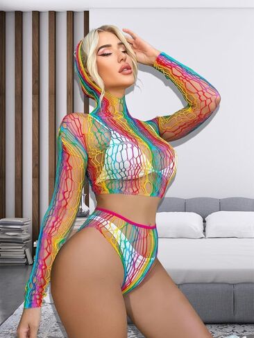 Women's Lingerie for Women Rainbow Fishnet Bodysuit Sheer Hoodies for Women See Through Clubwear Beachwear Mesh Cover UP for Bikinis in Saudi Arabia
