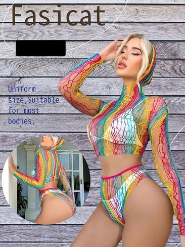 Women's Lingerie for Women Rainbow Fishnet Bodysuit Sheer Hoodies for Women See Through Clubwear Beachwear Mesh Cover UP for Bikinis in Saudi Arabia