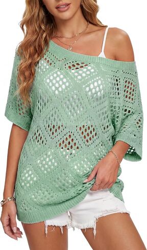 Womens Off Shoulder Crochet Tops Short Sleeve Summer Sweater Boho Beach Cover Up Knit Tunic Tops Lightweight in Saudi Arabia