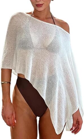 Women Sheer Poncho Top Lightweight Knit Crochet Shrug Bolero One Shoulder Mesh Sweater Cover Up Beachwear in Saudi Arabia