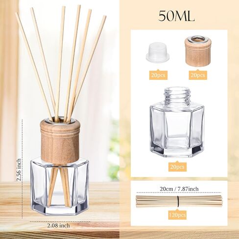 Roshtia 20 Set Reed Diffuser Bottle Empty Refillable Fragrance Glass Diffuser Bottles Set with Wooden Caps Rattan Sticks 50ml 1.7 Oz Hexagonal Glass Jars for DIY Fragrance in Kuwait