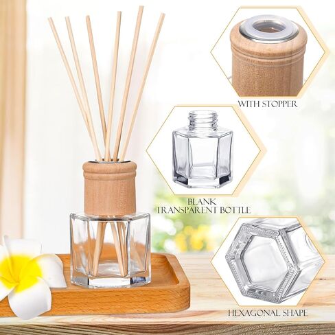 Roshtia 20 Set Reed Diffuser Bottle Empty Refillable Fragrance Glass Diffuser Bottles Set with Wooden Caps Rattan Sticks 50ml 1.7 Oz Hexagonal Glass Jars for DIY Fragrance in Kuwait