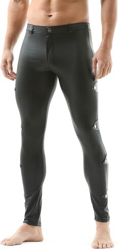QiaTi Mens Skinny Pants Faux Leather Open Crotch Trousers Long Pant with Bulge Pouch for Men Club in Saudi Arabia