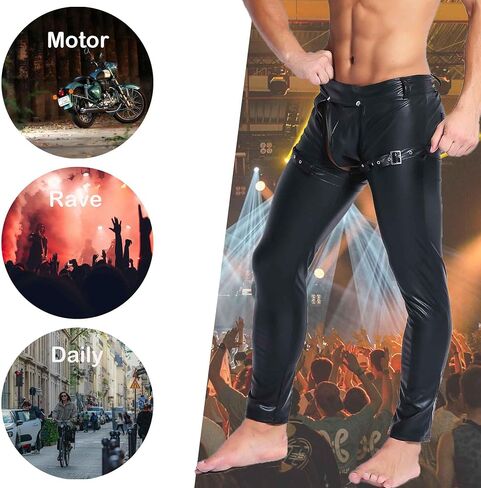 QiaTi Mens Skinny Pants Faux Leather Open Crotch Trousers Long Pant with Bulge Pouch for Men Club in Saudi Arabia