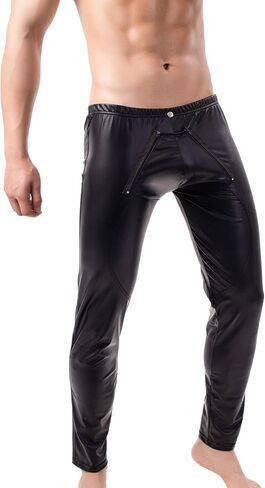 QiaTi Mens Skinny Pants Faux Leather Open Crotch Trousers Long Pant with Bulge Pouch for Men Club in Saudi Arabia