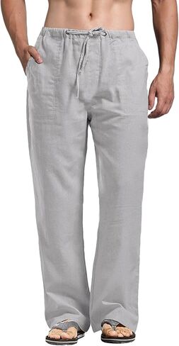 perdontoo Mens Casual Cotton Linen Pants Elastic Waist Drawstring Straight Summer Beach Pants in Saudi Arabia