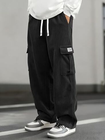 Men’s Corduroy Cargo Pants Baggy Drawstring Waist Relaxed Fit Streetwear Trousers in Kuwait