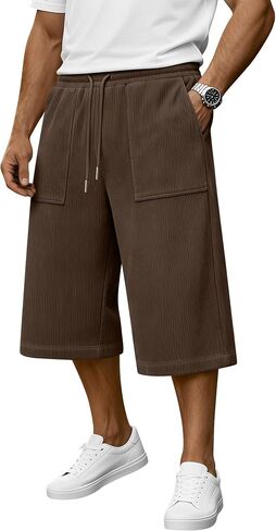 Men's Capri Pant Baggy Corduroy Below Knee Summer Casual Wide Leg Loose Drawstring 3/4 Pant with Pockets in Kuwait