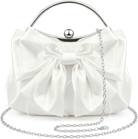 Bow Purse for Women, Bridal Clutch White Evening Bag, Ruched Purses Satin Silk Handbag with Chain Strap in Saudi Arabia