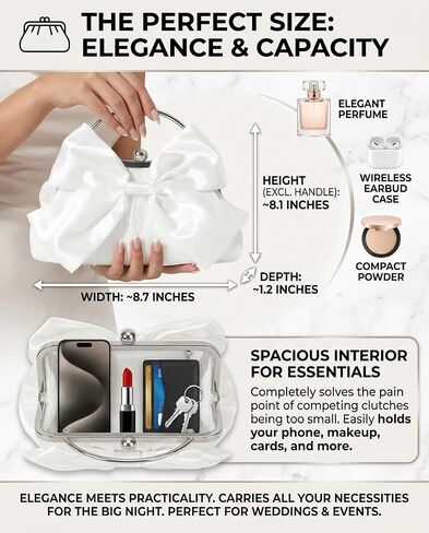 Bow Purse for Women, Bridal Clutch White Evening Bag, Ruched Purses Satin Silk Handbag with Chain Strap in Saudi Arabia