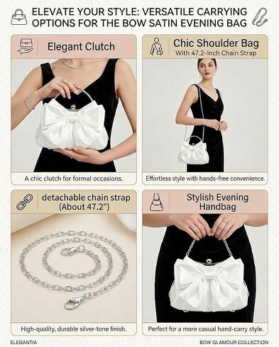 Bow Purse for Women, Bridal Clutch White Evening Bag, Ruched Purses Satin Silk Handbag with Chain Strap in Saudi Arabia