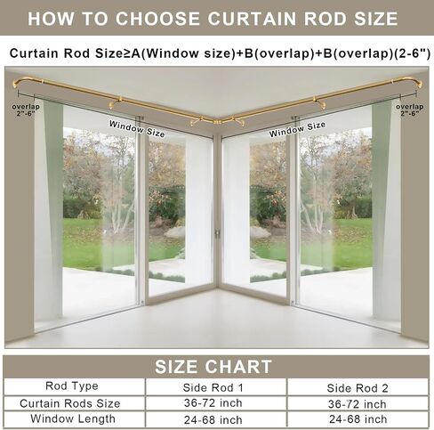 Corner Curtain Rod for Bay Window, L-shaped Curved 2 Sided 36-72 Inch Wrap Around Curtain Rods, Adjustable 1 Inch Drapery Rods for Bedroom Living Room,Matte Black in Saudi Arabia