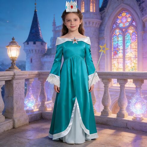 Princess Costume Dress for Girls Birthday Halloween Cosplay Dress Up With Crown Earrings Brooch Star Stick Accessories in Saudi Arabia