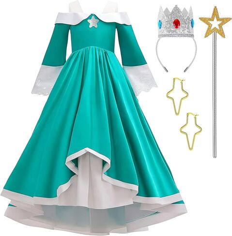 Princess Costume Dress for Girls Halloween Cosplay Party Dress Up With Crown Earrings Brooch Star Stick Accessories in Saudi Arabia