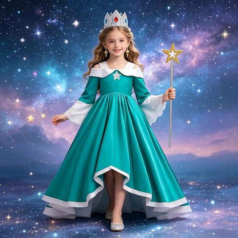 Princess Costume Dress for Girls Halloween Cosplay Party Dress Up With Crown Earrings Brooch Star Stick Accessories in Saudi Arabia