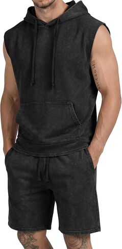 JMIERR Mens Track Suits 2 Piece Set Casual Sleeveless Hoodie Tank Top and Shorts Acid Wash Cotton Gym Sweatsuits in Kuwait
