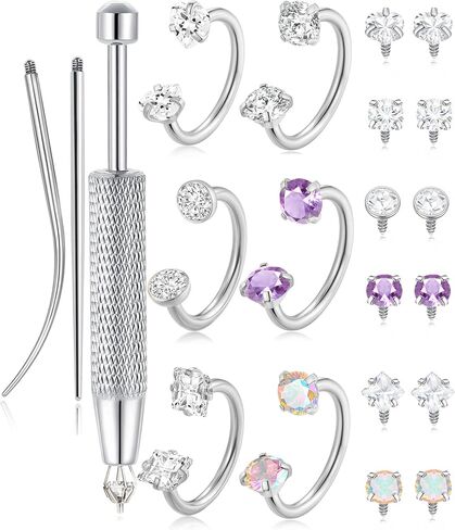 Horseshoe Nose Ring for Women Surgical Steel 18G Double Gem Nose Ring Hoop Cartilage Helix Daith Tragus Half Hoop Earrings Septum Labret Lip Eyebrow Piercing Jewelry Silver Plated in Kuwait