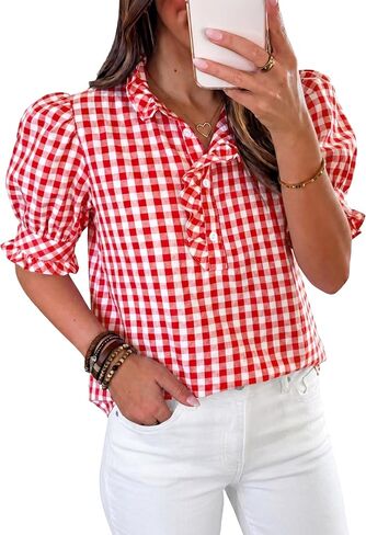 Cicy Bell Womens Summer Gingham Tops Puff Short Sleeve Ruffle V Neck Button Blouse Casual Loose Fit Plaid Shirts in Kuwait