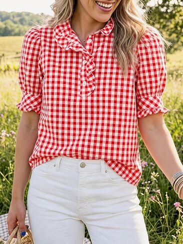 Cicy Bell Womens Summer Gingham Tops Puff Short Sleeve Ruffle V Neck Button Blouse Casual Loose Fit Plaid Shirts in Kuwait