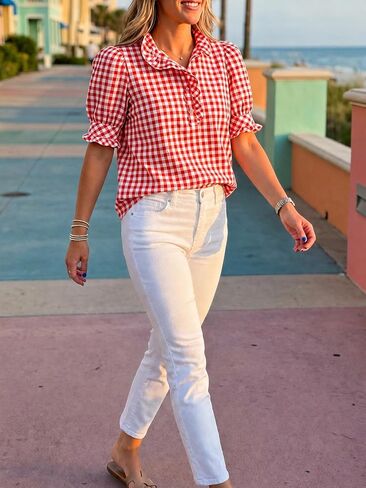 Cicy Bell Womens Summer Gingham Tops Puff Short Sleeve Ruffle V Neck Button Blouse Casual Loose Fit Plaid Shirts in Kuwait