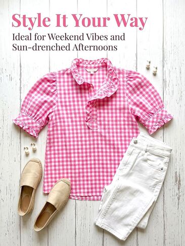 Cicy Bell Womens Summer Gingham Tops Puff Short Sleeve Ruffle V Neck Button Blouse Casual Loose Fit Plaid Shirts in Kuwait