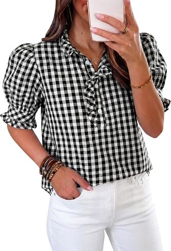 Cicy Bell Womens Summer Gingham Tops Puff Short Sleeve Ruffle V Neck Button Blouse Casual Loose Fit Plaid Shirts in Kuwait
