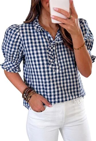 Cicy Bell Womens Summer Gingham Tops Puff Short Sleeve Ruffle V Neck Button Blouse Casual Loose Fit Plaid Shirts in Kuwait