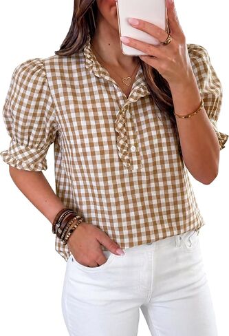 Cicy Bell Womens Summer Gingham Tops Puff Short Sleeve Ruffle V Neck Button Blouse Casual Loose Fit Plaid Shirts in Kuwait