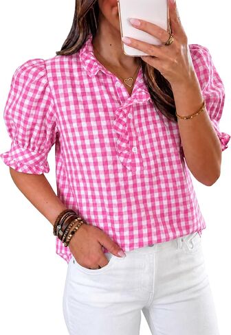 Cicy Bell Womens Summer Gingham Tops Puff Short Sleeve Ruffle V Neck Button Blouse Casual Loose Fit Plaid Shirts in Kuwait