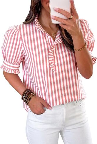 Cicy Bell Womens Summer Gingham Tops Puff Short Sleeve Ruffle V Neck Button Blouse Casual Loose Fit Plaid Shirts in Kuwait