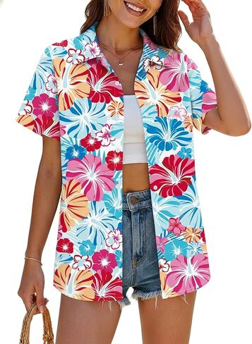 YOGINGO Hawaiian Shirt for Women, Tropical Short Sleeve Beach Vacation Top, Casual Aloha Button Down Blouse in Kuwait