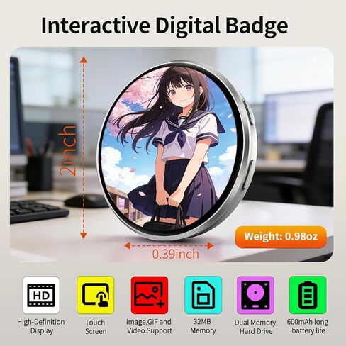 Digital Badge Pin with Anime Themed Pixel Screen, Bluetooth HD Touchscreen Badge Electronic Smart Display, 1.70-inch 360x360 Resolution Photo Video GIF for Cosplay, Conventions, Events in Saudi Arabia