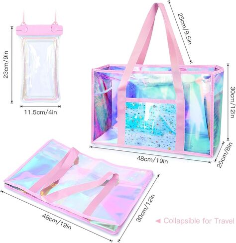 Clear Beach Tote Bag, Large Holographic Waterproof Beach Bag with Waterproof Phone Pouch, Sandproof Foldable Pool Tote Bag for Women Girls, Summer Tote for Beach Pool Travel Cruise Vacation in Saudi Arabia