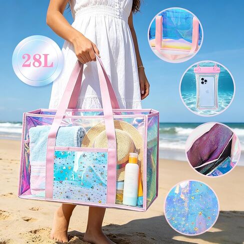 Clear Beach Tote Bag, Large Holographic Waterproof Beach Bag with Waterproof Phone Pouch, Sandproof Foldable Pool Tote Bag for Women Girls, Summer Tote for Beach Pool Travel Cruise Vacation in Saudi Arabia
