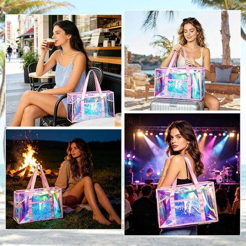 Clear Beach Tote Bag, Large Holographic Waterproof Beach Bag with Waterproof Phone Pouch, Sandproof Foldable Pool Tote Bag for Women Girls, Summer Tote for Beach Pool Travel Cruise Vacation in Saudi Arabia
